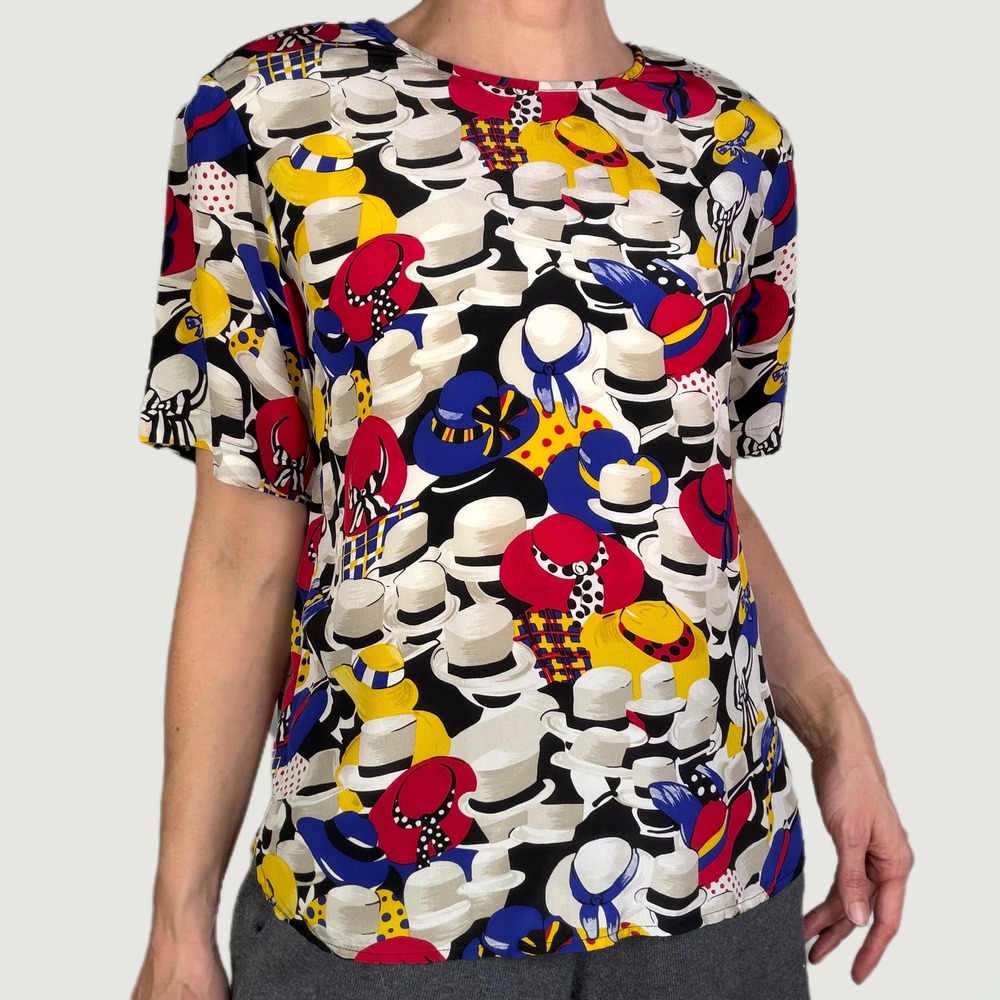 Vintage 100% silk hat print blouse Allison Taylor 80s 90s derby short sleeve‎ S